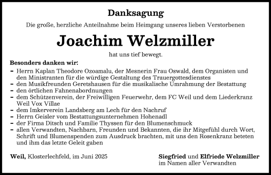 Traueranzeige von Joachim Welzmiller von Landsberger Tagblatt