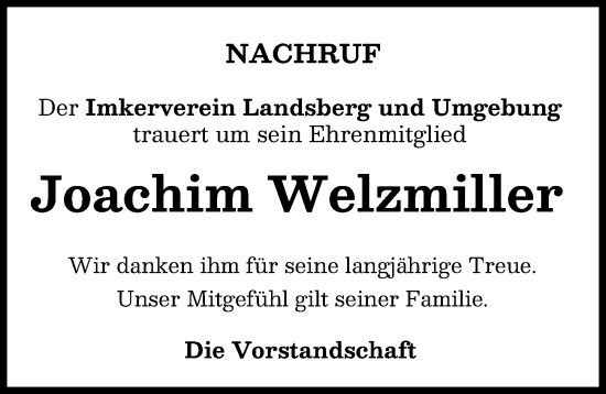 Traueranzeige von Joachim Welzmiller von Landsberger Tagblatt
