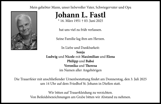 Traueranzeige von Johann Fastl von Ammersee Kurier