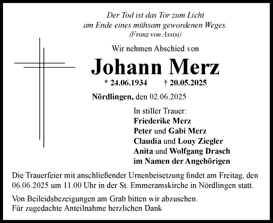 Traueranzeige von Johann Merz von Rieser Nachrichten