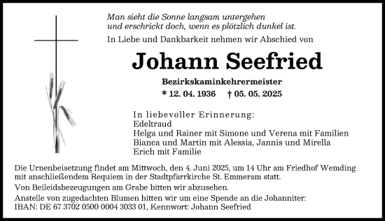 Traueranzeige von Johann Seefried von Donauwörther Zeitung, Augsburg-Land