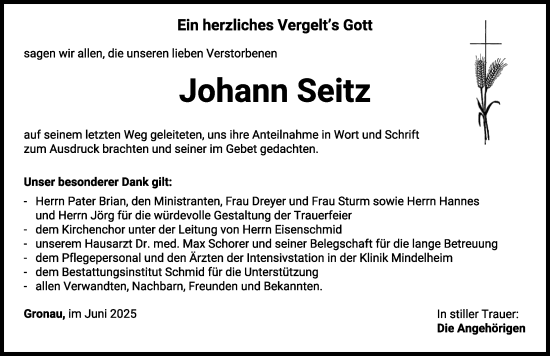 Traueranzeige von Johann Seitz von Mindelheimer Zeitung