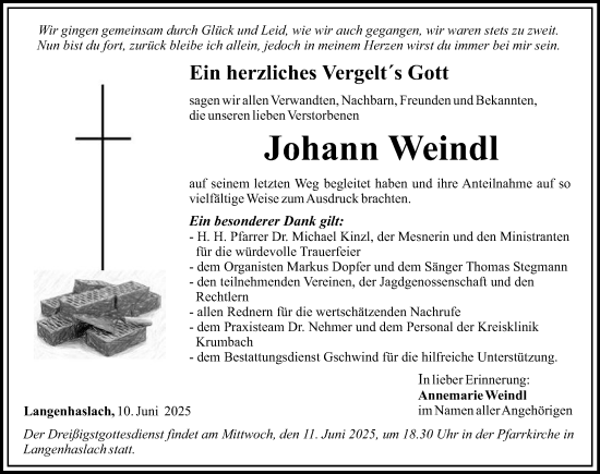 Traueranzeige von Johann Weindl von Mittelschwäbische Nachrichten