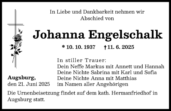 Traueranzeige von Johanna Engelschalk von Augsburger Allgemeine