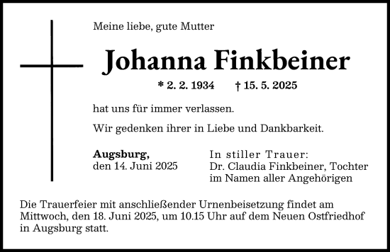Traueranzeige von Johanna Finkbeiner von Augsburger Allgemeine