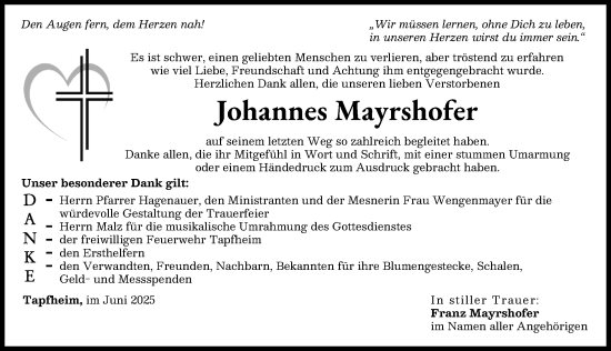 Traueranzeige von Johannes Mayrshofer von Donauwörther Zeitung