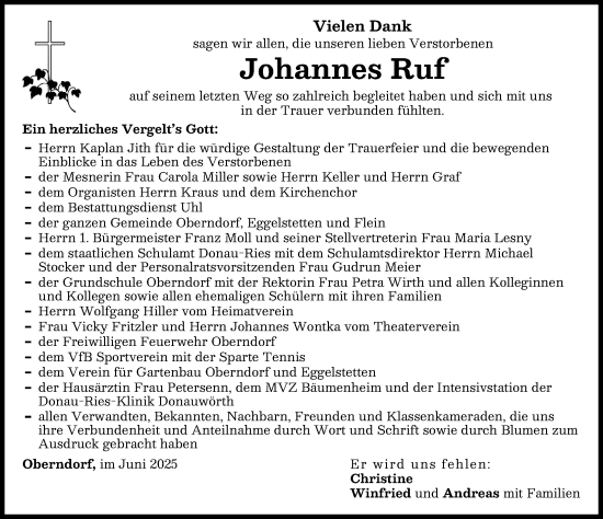 Traueranzeige von Johannes Ruf von Donauwörther Zeitung