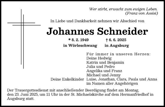 Traueranzeige von Johannes Schneider von Augsburger Allgemeine