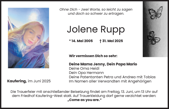Traueranzeige von Jolene Rupp von Landsberger Tagblatt