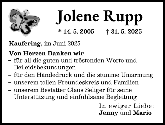 Traueranzeige von Jolene Rupp von Landsberger Tagblatt
