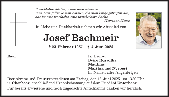 Traueranzeige von Josef Bachmeir von Aichacher Nachrichten