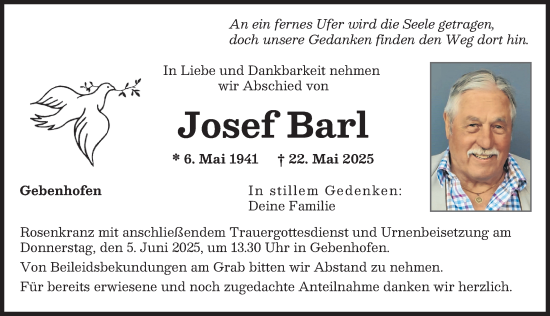 Traueranzeige von Josef Barl von Aichacher Nachrichten
