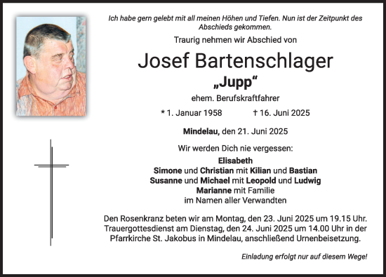 Traueranzeige von Josef Bartenschlager von Mindelheimer Zeitung