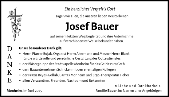 Traueranzeige von Josef Bauer von Donauwörther Zeitung