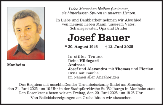 Traueranzeige von Josef Bauer von Donauwörther Zeitung