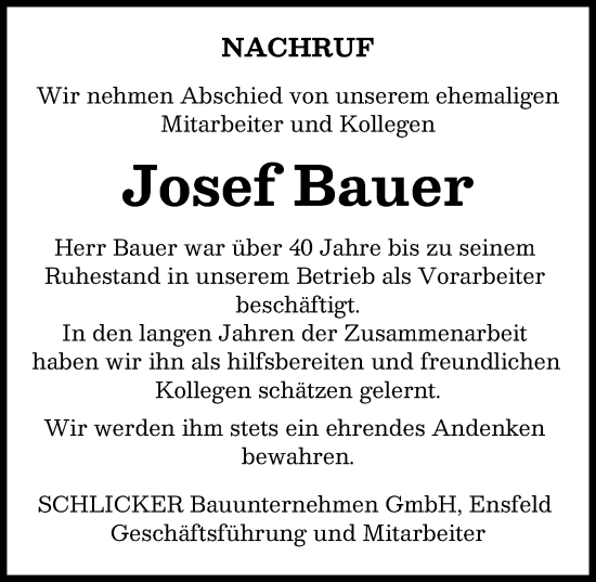 Traueranzeige von Josef Bauer von Donauwörther Zeitung