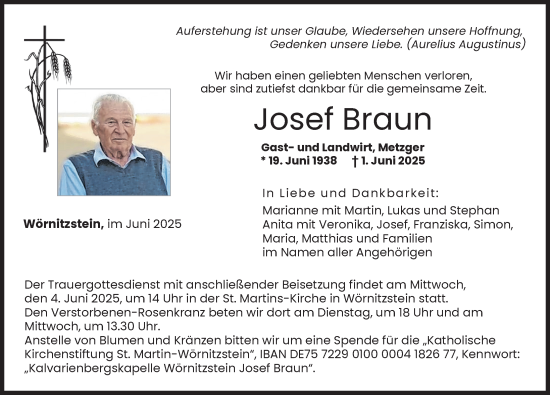 Traueranzeige von Josef Braun von Donauwörther Zeitung