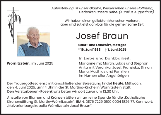 Traueranzeige von Josef Braun von Neuburger Rundschau