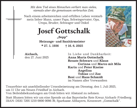 Traueranzeige von Josef Gottschalk von Aichacher Nachrichten