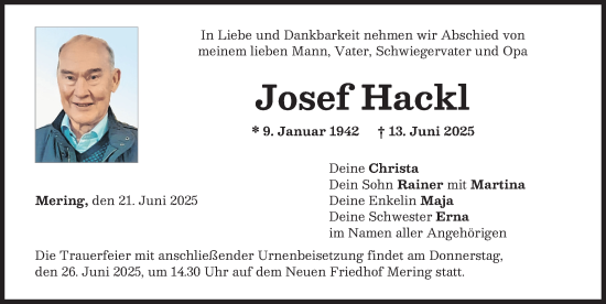 Traueranzeige von Josef Hackl von Friedberger Allgemeine