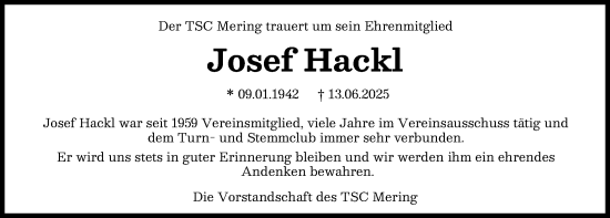 Traueranzeige von Josef Hackl von Friedberger Allgemeine