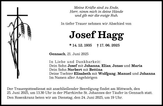 Traueranzeige von Josef Hagg von Schwabmünchner Allgemeine