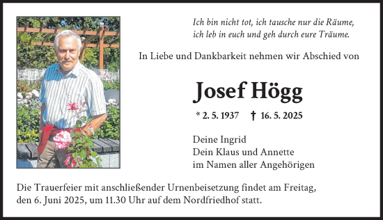 Traueranzeige von Josef Högg von Augsburger Allgemeine