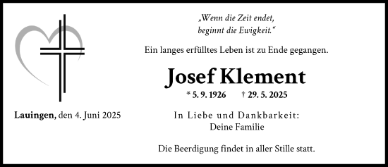 Traueranzeige von Josef Klement von Donau Zeitung