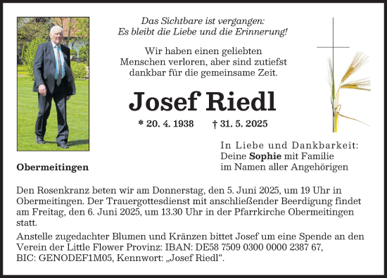 Traueranzeige von Josef Riedl von Landsberger Tagblatt, Schwabmünchner Allgemeine