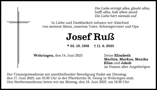 Traueranzeige von Josef Ruß von Schwabmünchner Allgemeine