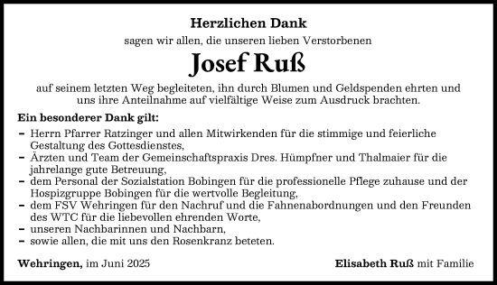 Traueranzeige von Josef Ruß von Schwabmünchner Allgemeine