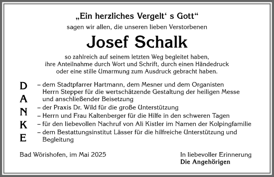 Traueranzeige von Josef Schalk von Mindelheimer Zeitung, Friedberger Allgemeine