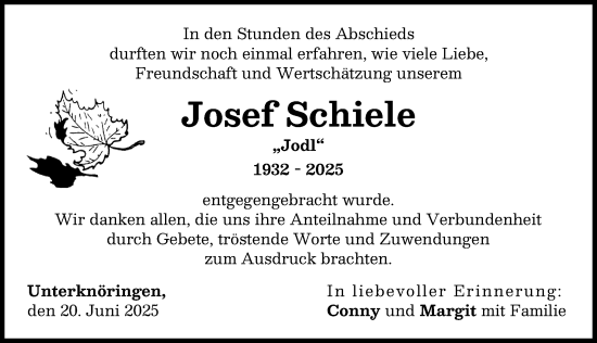 Traueranzeige von Josef Schiele von Günzburger Zeitung