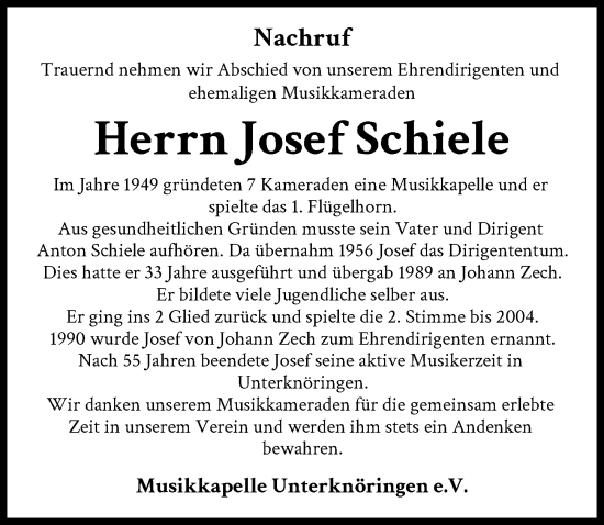 Traueranzeige von Josef Schiele von Günzburger Zeitung