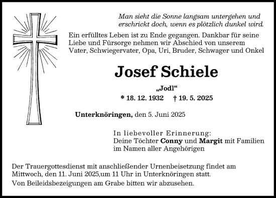 Traueranzeige von Josef Schiele von Günzburger Zeitung