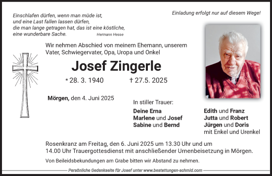 Traueranzeige von Josef Zingerle von Mindelheimer Zeitung