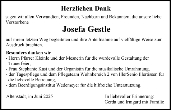 Traueranzeige von Josefa Gestle von Illertisser Zeitung