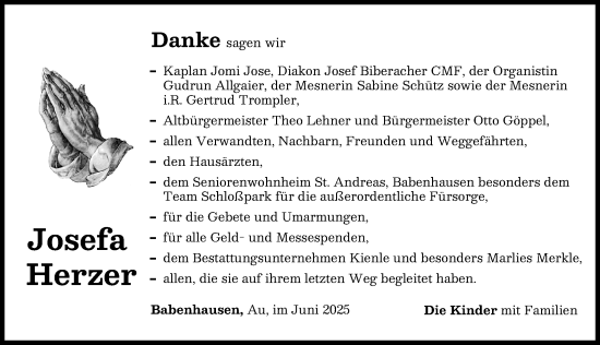 Traueranzeige von Josefa Herzer von Illertisser Zeitung