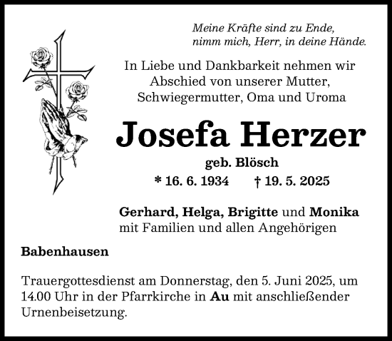 Traueranzeige von Josefa Herzer von Illertisser Zeitung