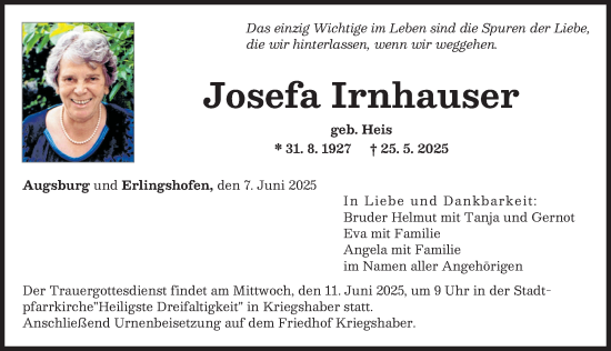 Traueranzeige von Josefa Irnhauser von Augsburger Allgemeine