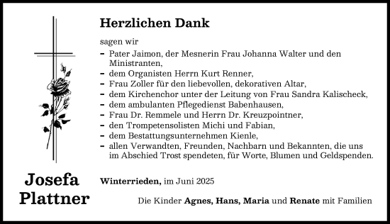 Traueranzeige von Josefa Plattner von Illertisser Zeitung