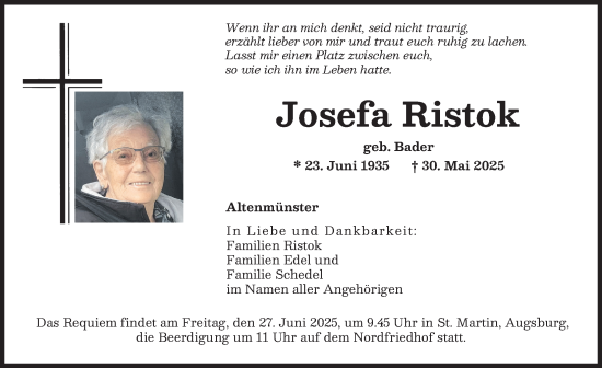 Traueranzeige von Josefa Ristok von Augsburger Allgemeine