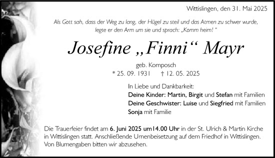 Traueranzeige von Josefine Mayr von Donau Zeitung