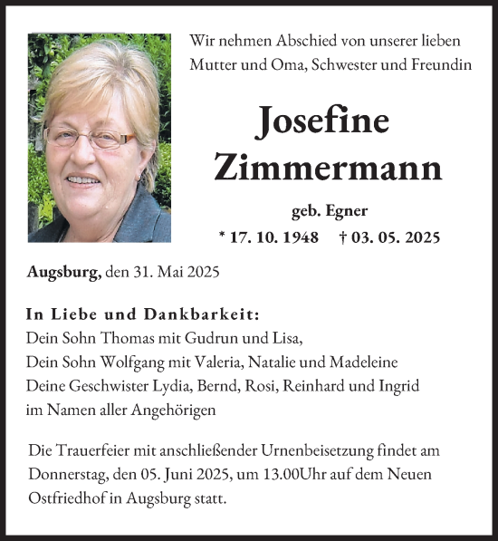 Traueranzeige von Josefine Zimmermann von Augsburger Allgemeine