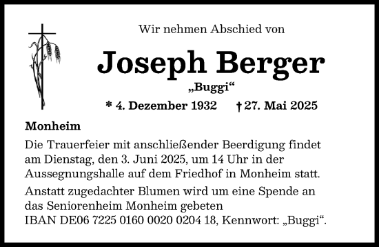 Traueranzeige von Joseph Berger von Donauwörther Zeitung