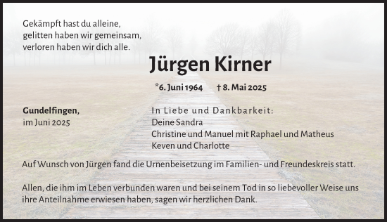 Traueranzeige von Jürgen Kirner von Donau Zeitung