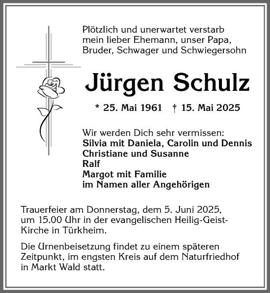 Traueranzeige von Jürgen Schulz von Mindelheimer Zeitung