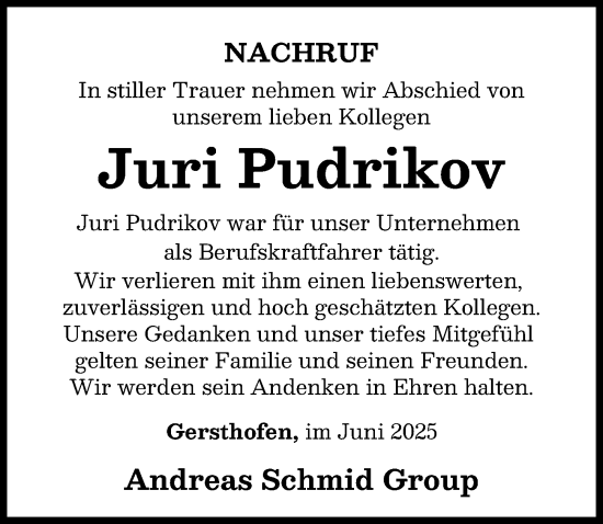 Traueranzeige von Juri Pudrikov von Augsburger Allgemeine