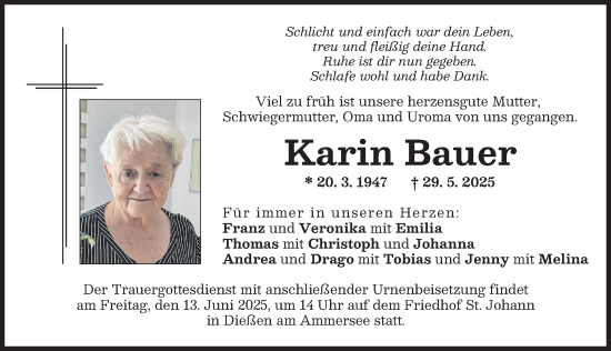 Traueranzeige von Karin Bauer von Ammersee Kurier