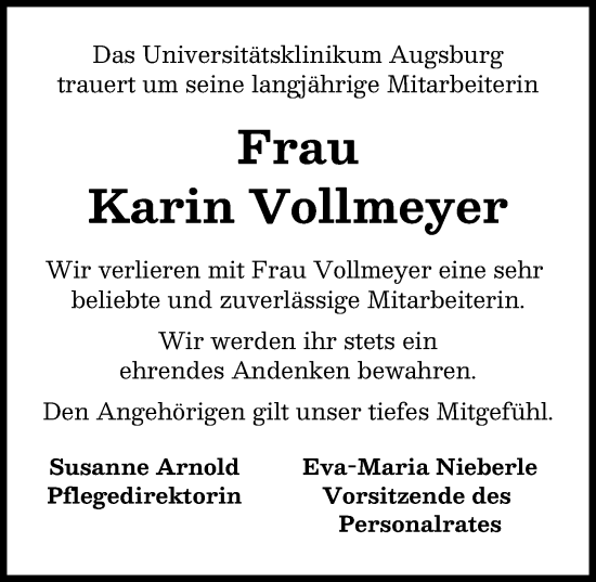 Traueranzeige von Karin Vollmeyer von Augsburger Allgemeine